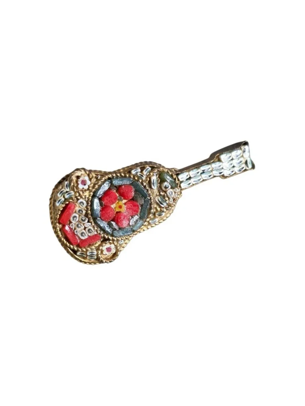 Antique Italian Micro Mosaic Guitar Pin/Brooch 1.5